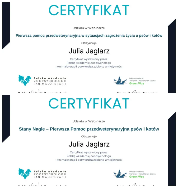 Certyfikat — Pierwsza pomoc przedweterynaryjna