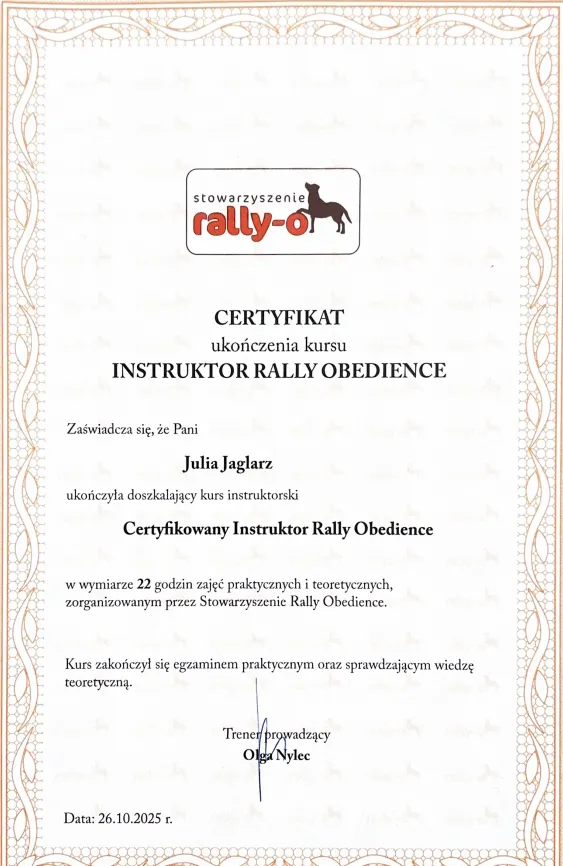 Certyfikat — Instruktor Rally Obedience